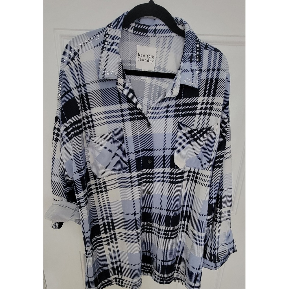 New York Laundry Womens Blue and White Plaid Shirt Size Large Size 3X - Picture 10 of 10